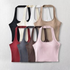 性感辣妹掛脖露背小吊帶女夏帶胸墊修身短款露臍純色百搭短上衣