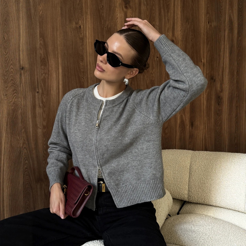 European and American Basic Style Women's Simple Solid Color Round Neck Knitted Cardigan Casual Loose Long-Sleeve Single-Breasted Sweater Coat European and American Basic Style Women's Simple Solid Color Round Neck Knitted Cardigan Casual Loose Long-Sleeve Single-Breasted Sweater Coat