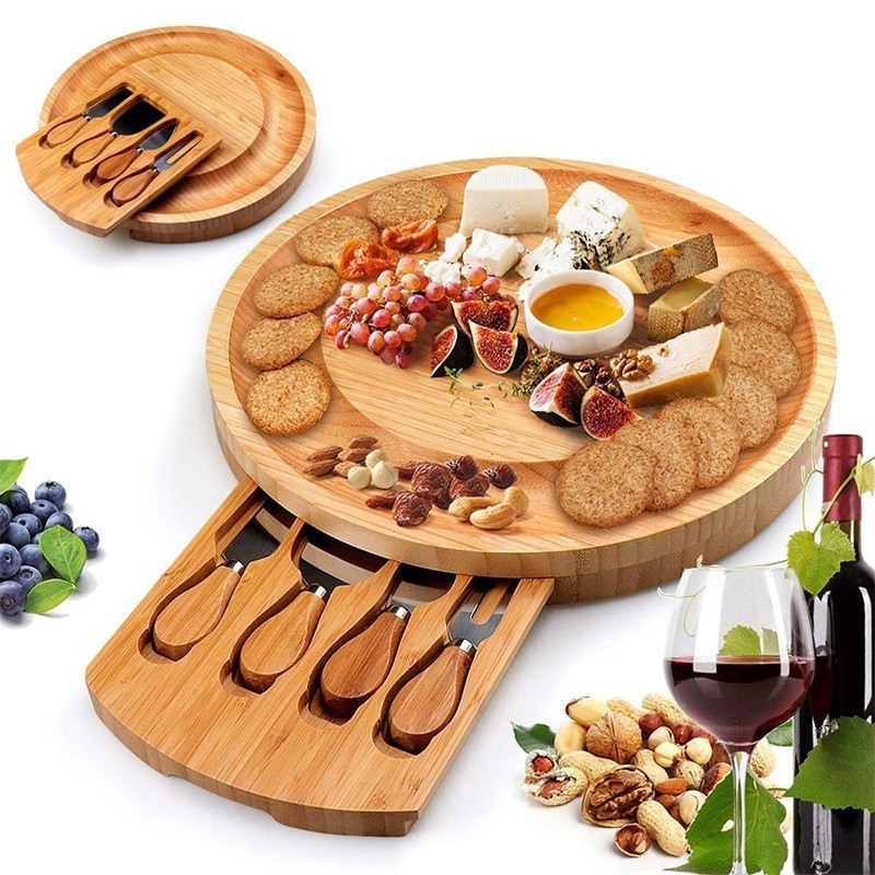 Bamboo chopping board factory portable cheese cheese board suit steak pizza tray baking cake knife and fork