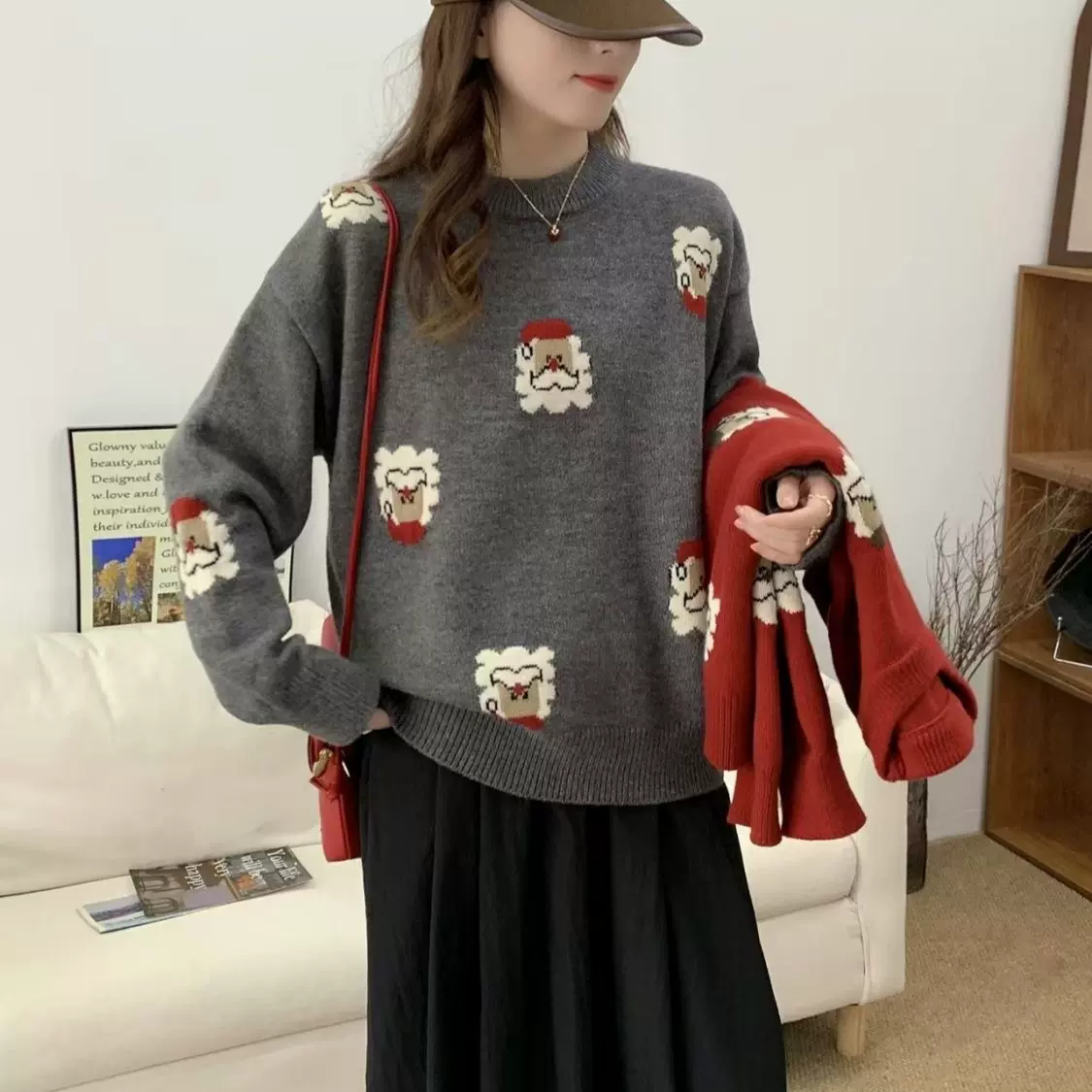 毛衣女秋冬韩系新款红色圣诞慵懒风针织衫套头圆领百搭宽松上衣
