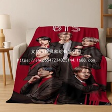 跨境BTS黑西装红内搭造型标识装饰法兰绒毛毯居家保暖舒适毛毯