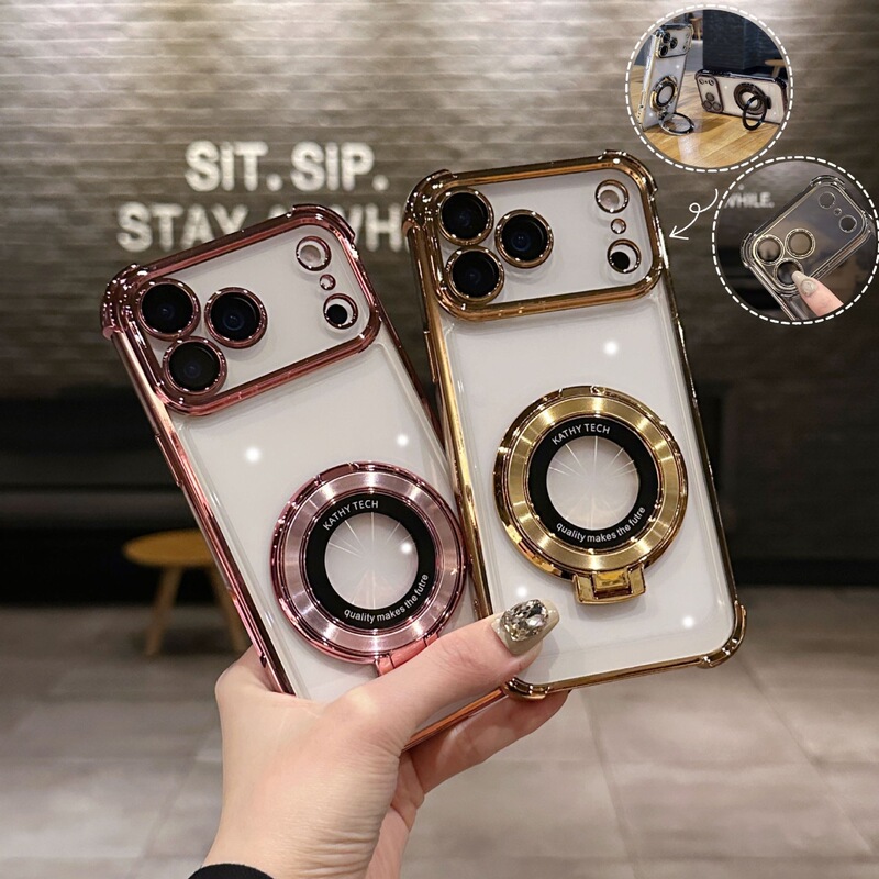 Suitable for iPhone 17 Pro Max and Apple 16, electroplated airbag anti-drop phone case with built-in magnetic stand and lens protector
