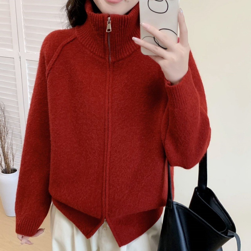跨境慵懒风毛衣外套女2025秋冬新款韩系纯色立领拉链针织开衫上衣|undefined