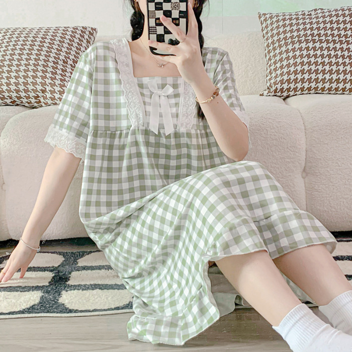 2023 verano Camisón de algodón artificial Plaid encaje ins princesa estilo dulce chica manga corta pijamas casual Home wear