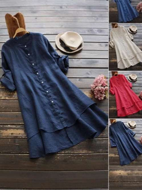 In Stock 2023 Spring/Summer Ebay Amazon Solid Color Button Cotton-Linen Cardigan Long-Sleeve Long Shirt for Women, Elegant and Suitable for Work