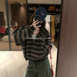 美式复古拼接条纹开衫拉链卫衣女春季宽松设计感显瘦百搭慵懒外套