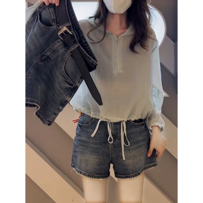 Vintage Blue Slim Denim Shorts Women's plus size chubby girl Summer New Arrival All-Match High Waist Fashionable A- Word Wide-Leg Shorts