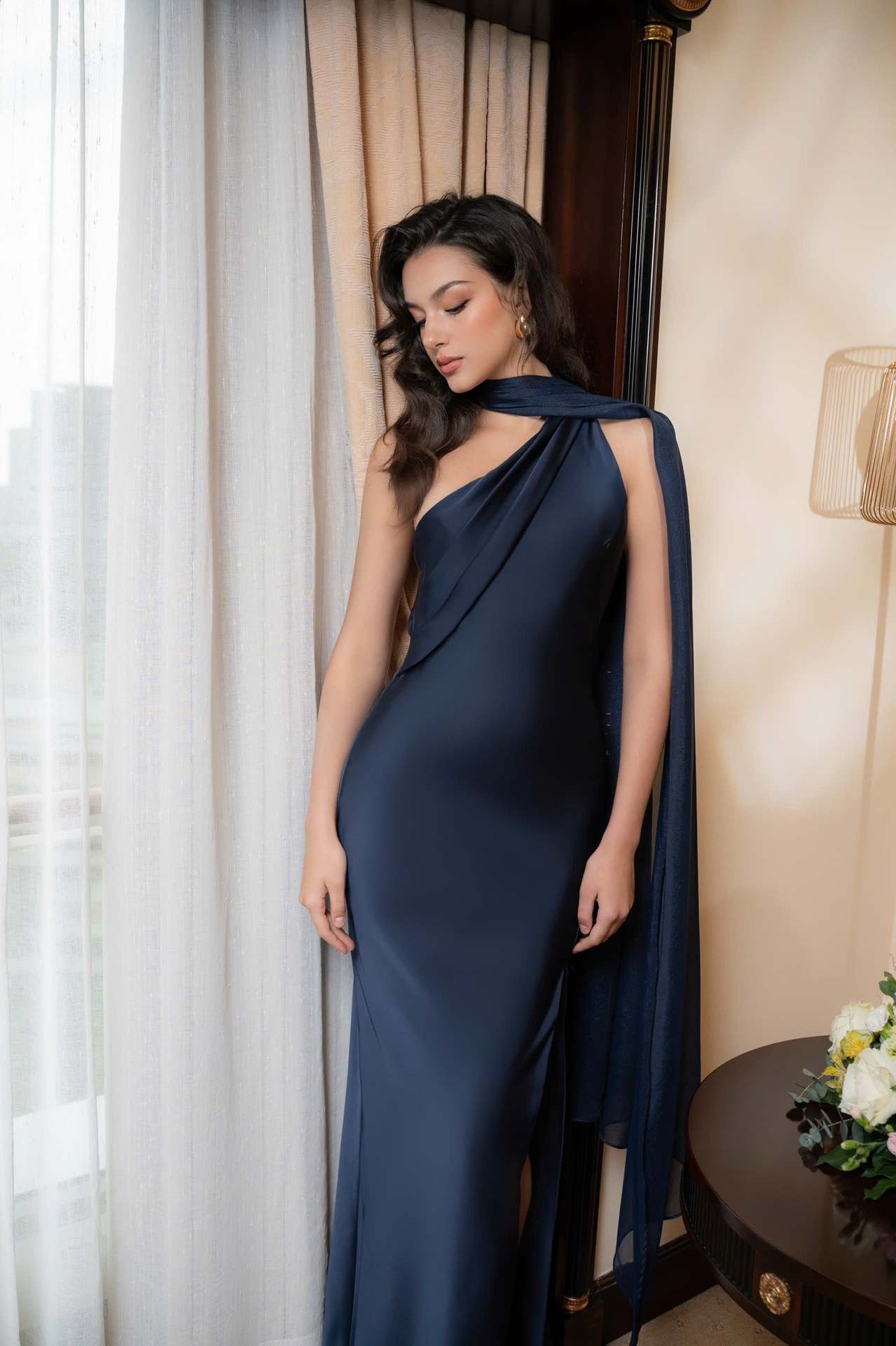 Elegant Socialite One‑Shoulder Satin Mermaid Slimming Bodycon Long Party Dress_ecoleips.com