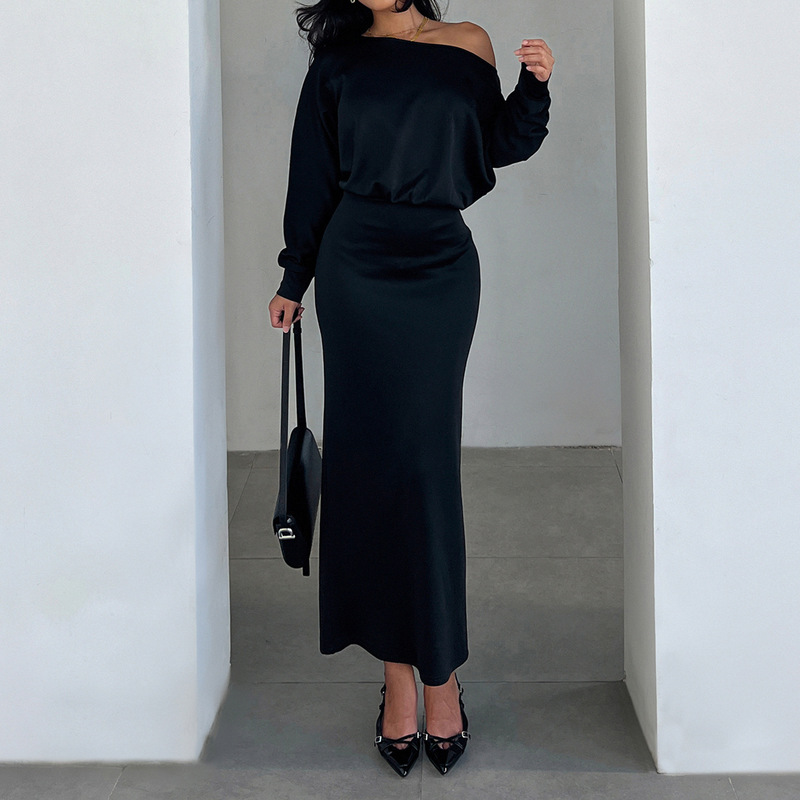 Amazon Autumn and Winter Women's Fashion One-Shoulder Bodycon Long-Sleeve Dress Party Comfortable Warm Solid Color Gentle Elegant Long Dress