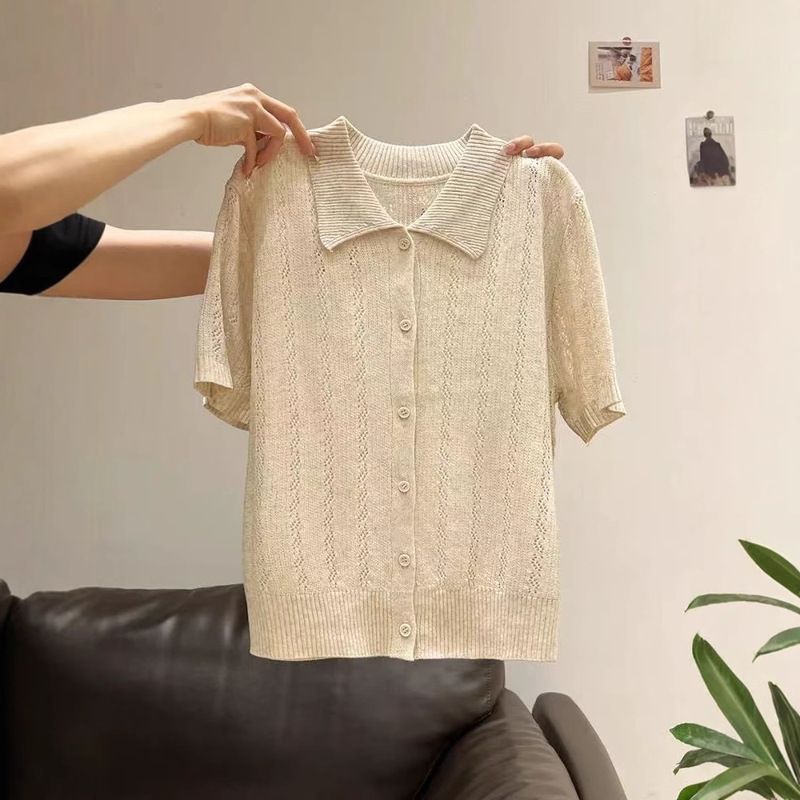 老钱风polo领冰丝针织短袖开衫女2025夏季爆款设计感镂空T恤上衣|undefined