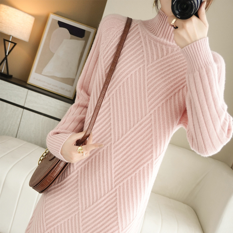 2021 autumn and winter wool turtleneck mat knitted sweater women's warm slim-fit long over-the-knee bottoming cashmere dress