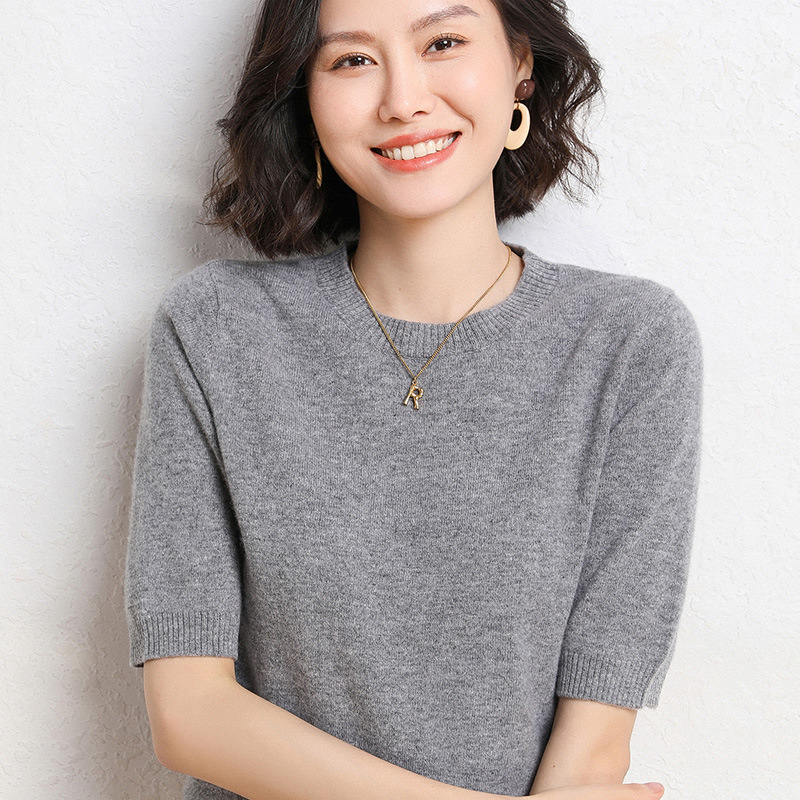 2025年春夏新作ニット半袖女性丸襟ボトムニットプルオーバー半袖セーターゆるいボトムセーター|undefined