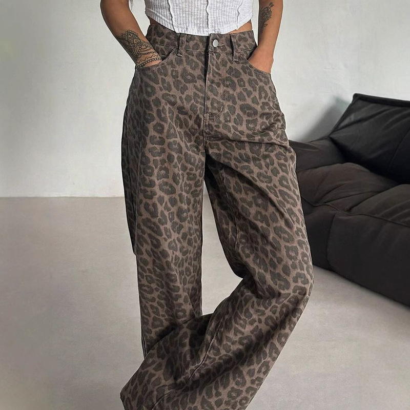 European and American Spring and Autumn New Leopard Print All-match Jeans Women's Retro Design Niche Loose Straight Casual Wide-leg Pants