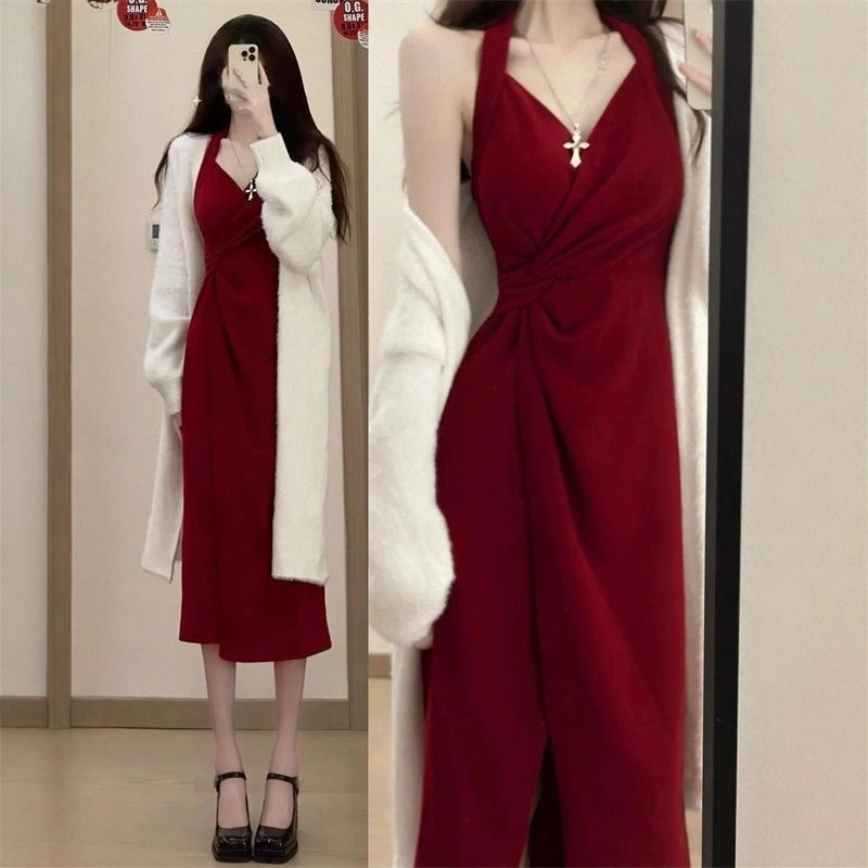 Designed Long Skirt Red Suspender Bottoming Dress 2025 New Autumn and Winter Women's Tea Style Wear Women's Clothing Designed Long Skirt Red Suspender Bottoming Dress 2025 New Autumn and Winter Women's Tea Style Wear Women's Clothing