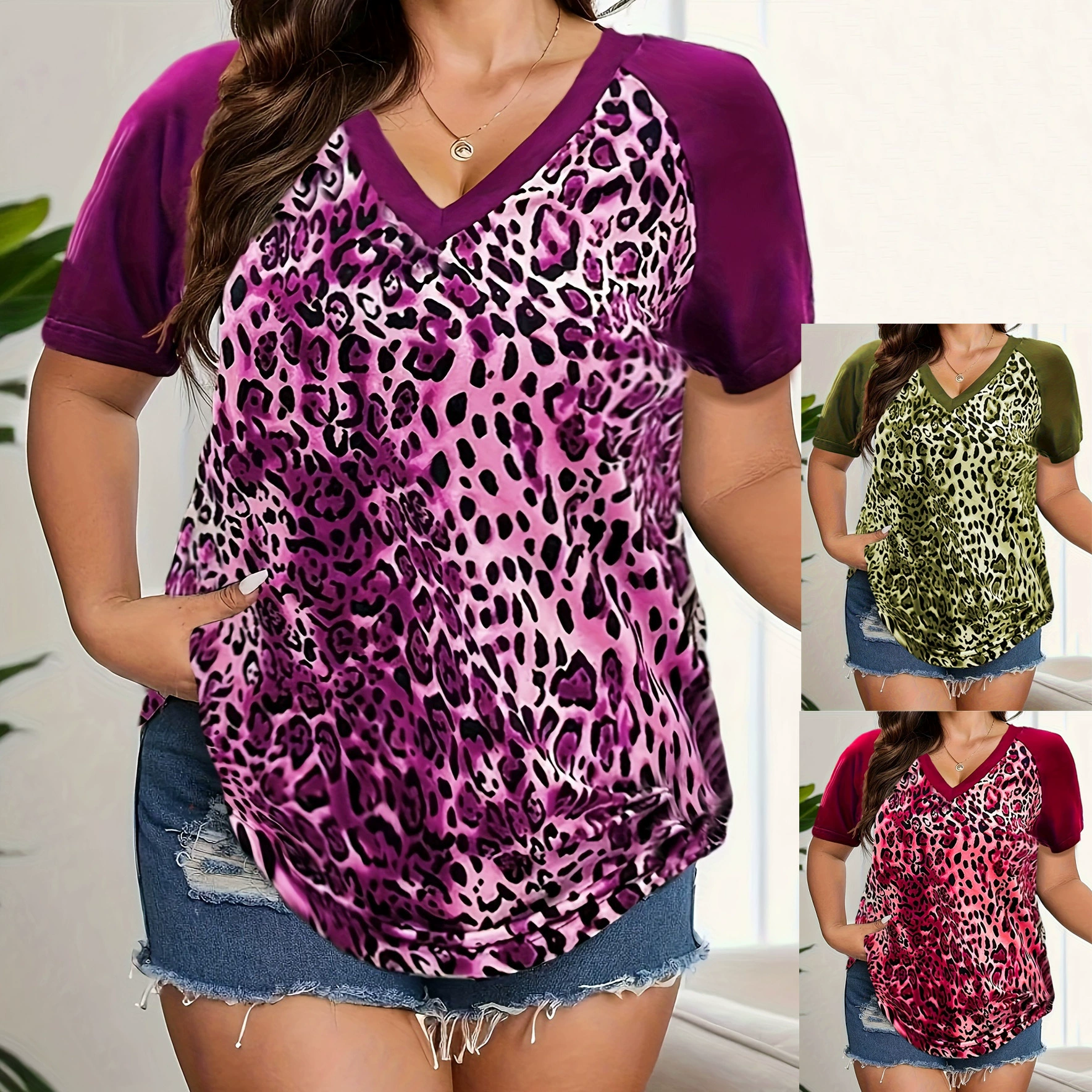 2024 Европа и США TEMU трансграничный wish внешняя торговля женская повседневная V-образный вырез мульти-цветной леопардовый узор большой размер женская футболка с короткими рукавами