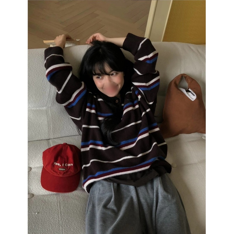 韩国hone新款超火毛衣套头针织衫polo领撞色条纹洋气宽松显瘦女装|undefined