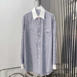 Niche new women's clothing contrast lapel embroidered logo refreshing blue striped loose long sleeve shirt women
