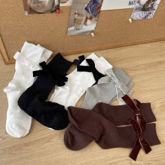 日系新品y2k千禧年復古植絨大蝴蝶結中筒襪龍心款小紅書堆堆襪女