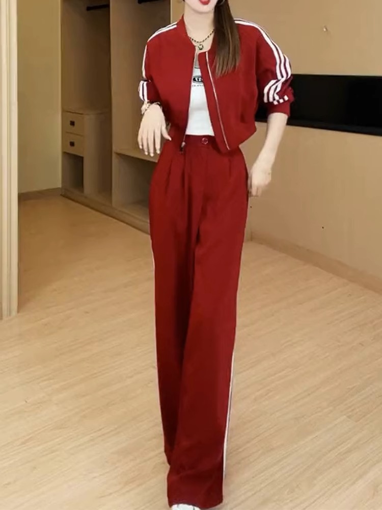 韩系风格拉链红色卫衣卫裤套装女秋装外套女休闲运动服两件套潮