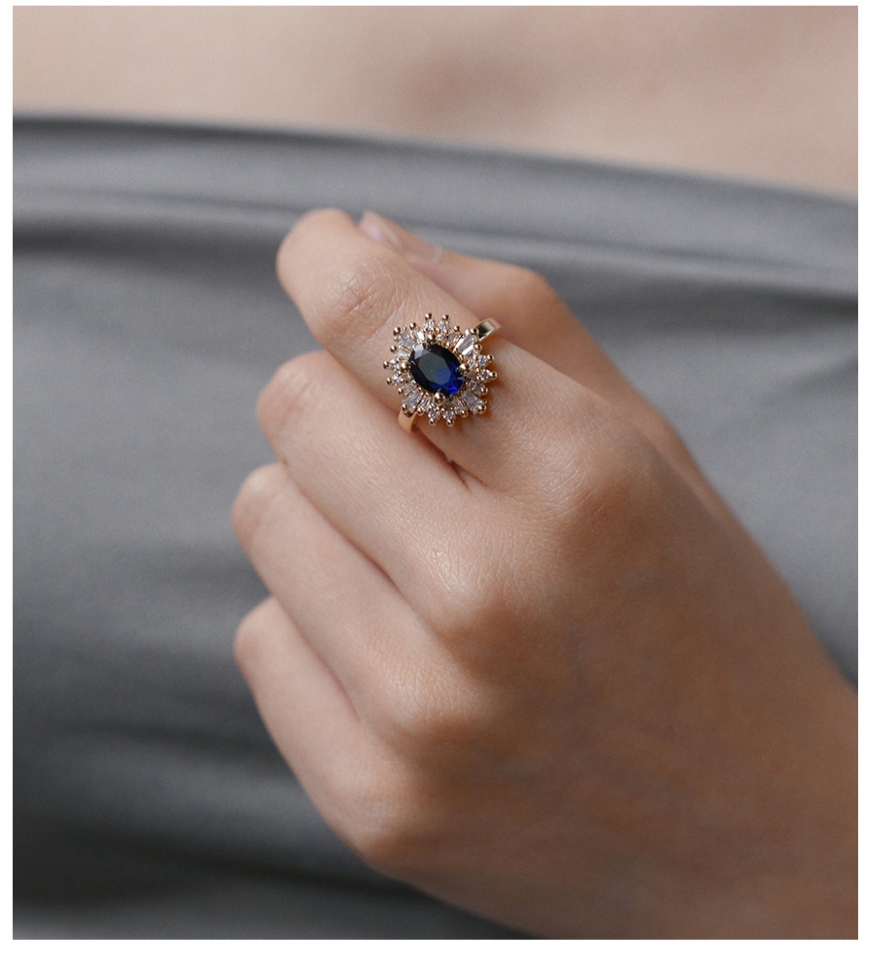 Exquisite Oval Zircon Ring With Sapphire Flower Design Elegant_voghion.com