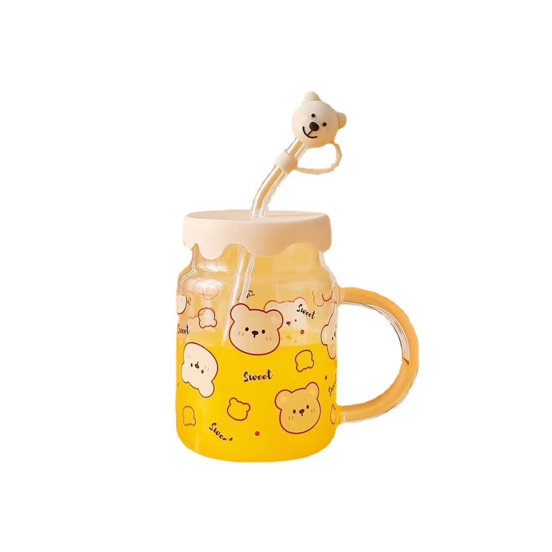 Oso de dibujos animados lindo creativo regalo de vidrio taza de paja taza de personalidad con tapa taza de leche taza de alto aspecto