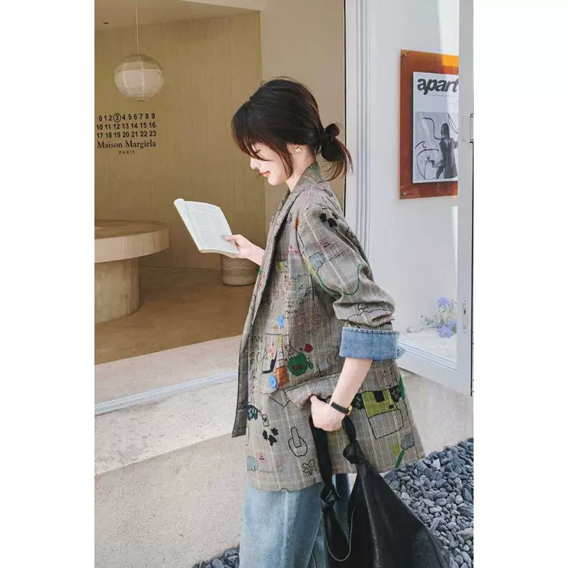 灰色格子西装外套女秋季2025新款设计感炸街宽松休闲涂鸦印花西服