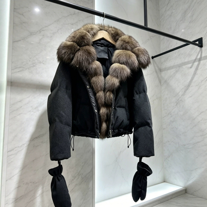 European-Style Large Fur Collar Genuine Round-Neck Fox Fur down Jacket Short Style 90% White Duck down High-End Fur Parka for Ladies