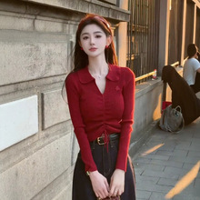 【爆款追单】秋季时尚气质V领抽绳修身短款红针织衫上衣女