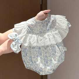 【品质优选】宝宝蓝白碎花连体衣夏季棉婴儿荷叶边哈衣公主爬服