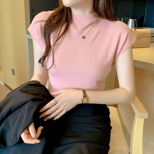 Core yarn spring and summer half-high collar basic top short-sleeve knitted top women's innerwear short batwing sleeve outerwear top