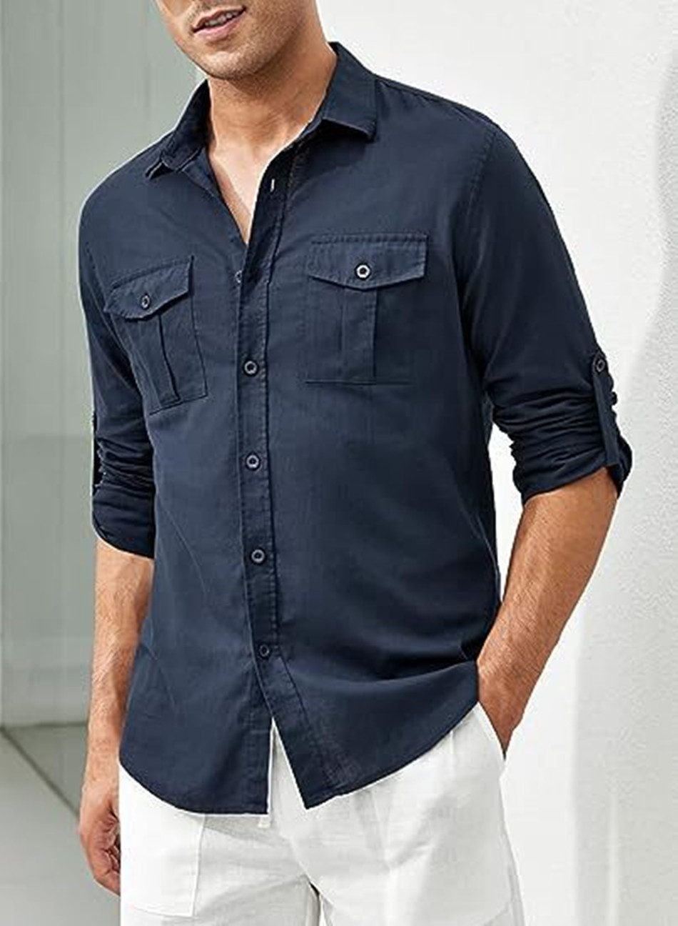 Herren Freizeithemd Langarm Baumwolle Leinen Mit Doppeltasche_voghion.com