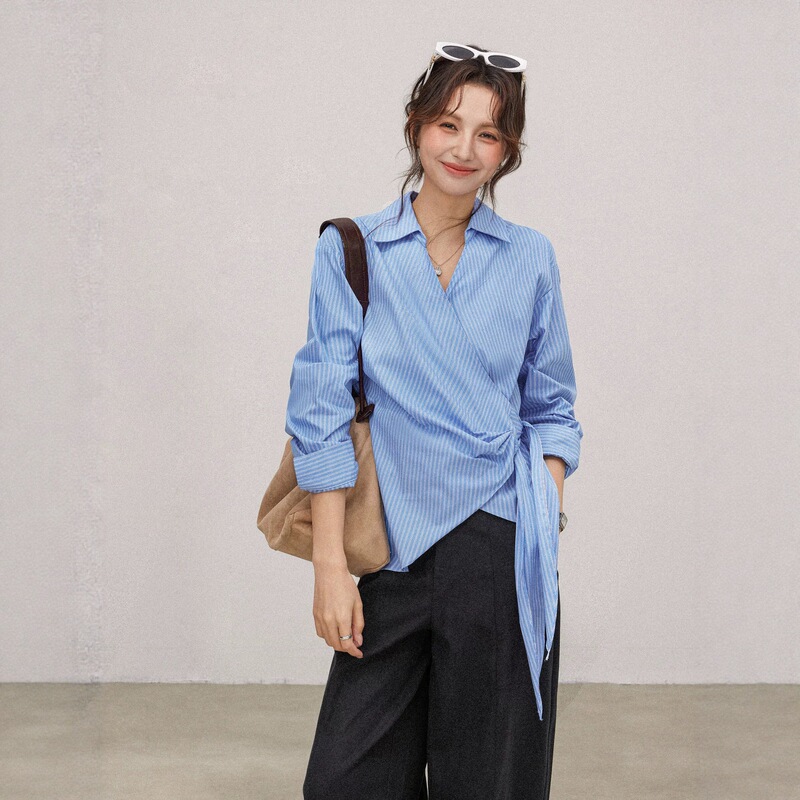 Blue Striped Cross-Tie Waist-Cinching Shirt Short-Sleeved Women's 2025 New Loose Long-Sleeved Top Blue Striped Cross-Tie Waist-Cinching Shirt Short-Sleeved Women's 2025 New Loose Long-Sleeved Top