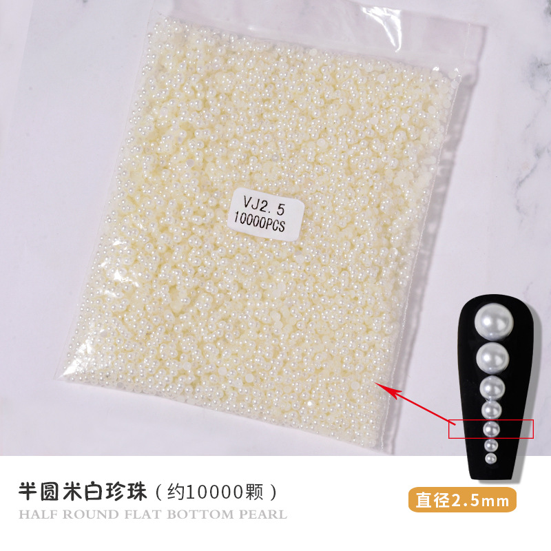 Manicura plana perla joyería cremosa-blanco semicírculo tridimensional perla uñas decoración paquete entero DIY hecho a mano al por mayor