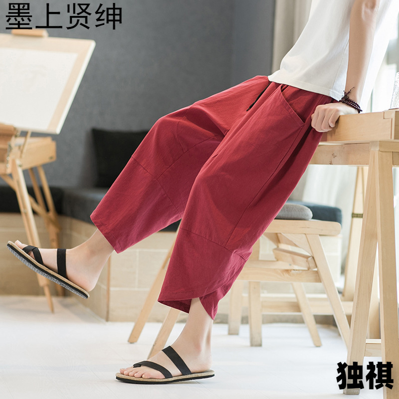 Pantalones recortados de algodón y lino de estilo chino de verano, pantalones anchos retro, pantalones cortos de lino de estilo chino casual de gran tamaño, hombres