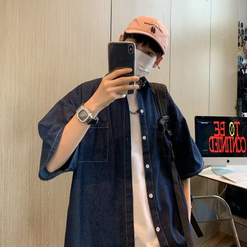 港风复古牛仔衬衫夏季男款潮牌短袖衬衣青少年宽松休闲工装薄外套