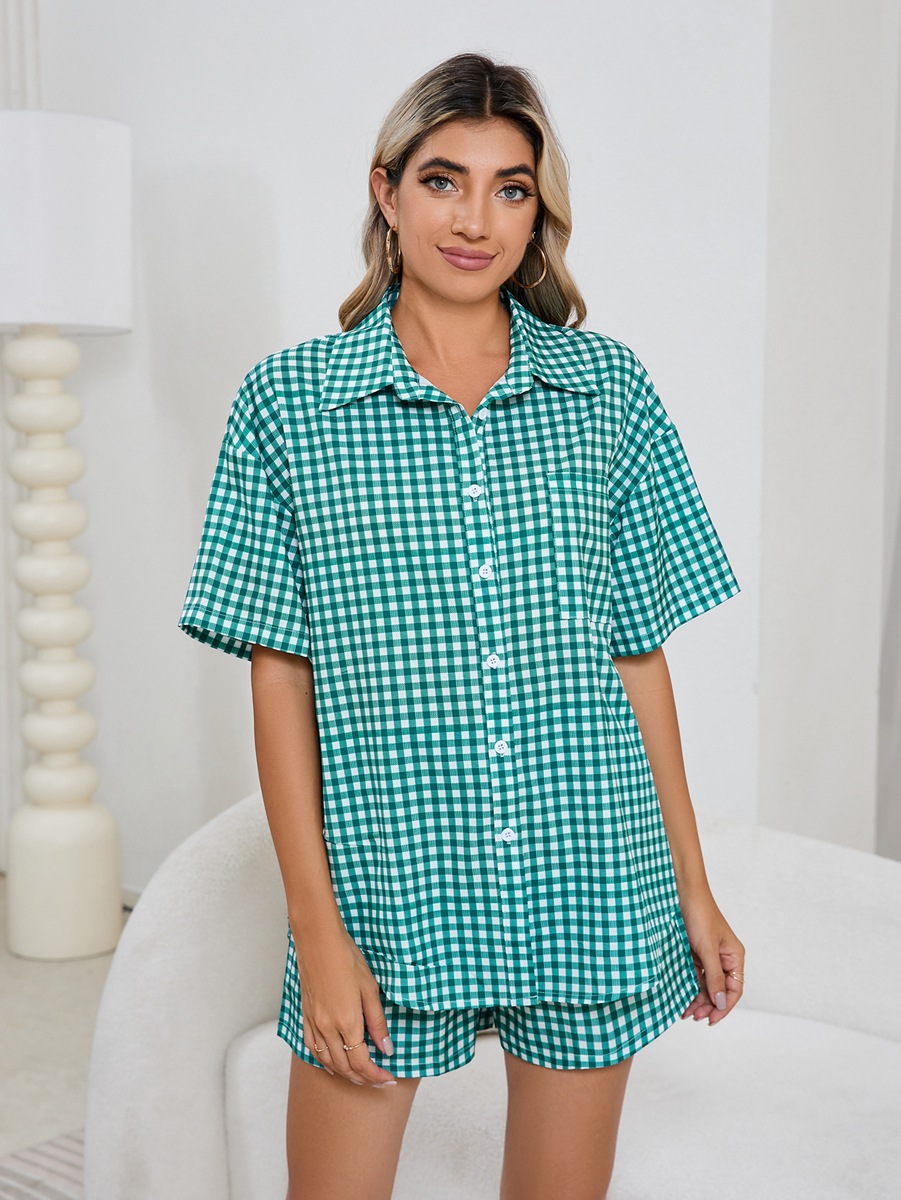 Women Casual Comfortable High Waist Loose Wide Legs Retro Plaid Shorts Checked Shirt Women