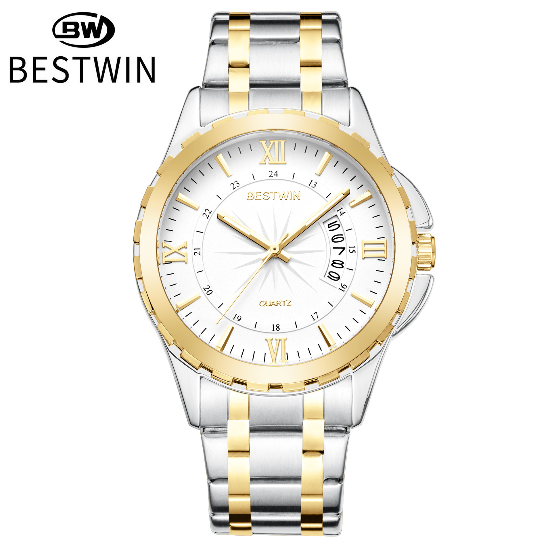 Nuevo calendario de comercio exterior reloj para hombre plato giratorio atmosférico Golden Boss BESTWIN reloj de cuarzo impermeable transfronterizo 129