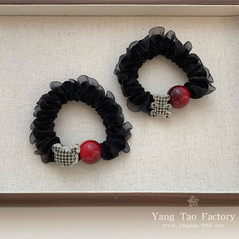 Pequín de alta elasticidad, perlas rojas, anillo de pelo de intestino delgado, simple y versátil, correa de goma, bola de cola de caballo, toque de pelo.