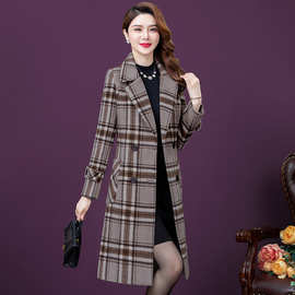 外贸女装2023年修身仿羊毛呢大衣女冬季复古格子时尚长款气质外套