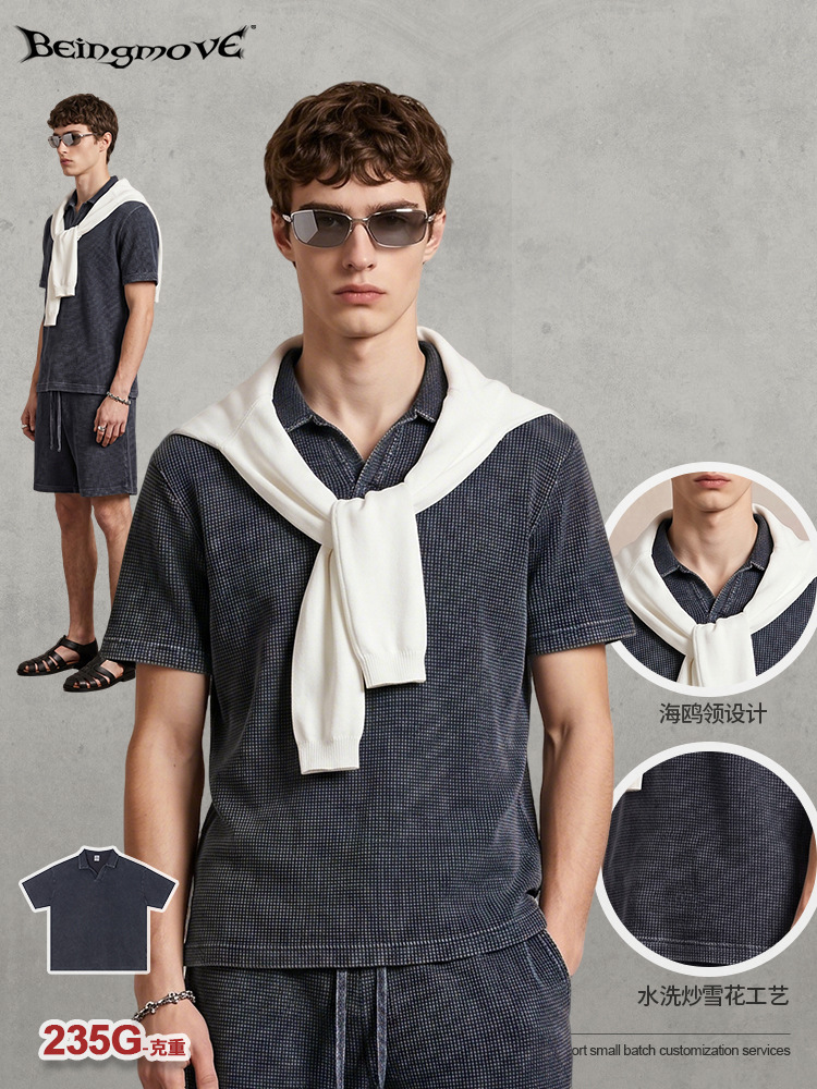 Calle secada retro americana lavado hacer vieja polo camiseta de moda suelta caja transpirable manga corta hombre