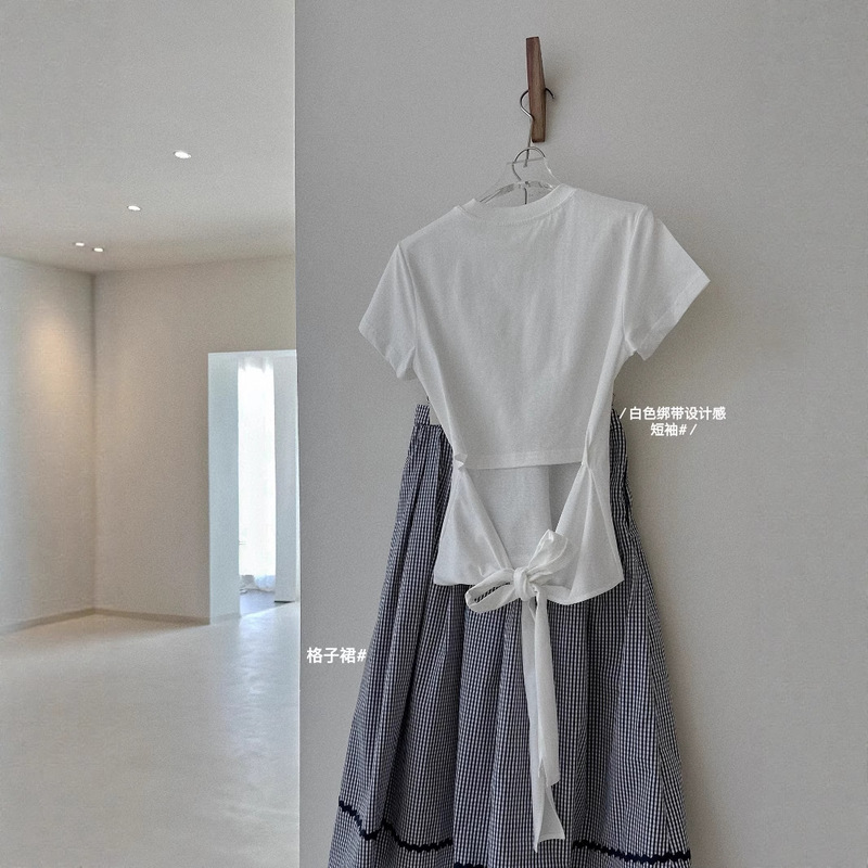 Round Neck Xiaohongshu Popular Short-Sleeved T-Shirt for Women Pure Color Live Broadcast Summer Slim Strap t Bow Design Top