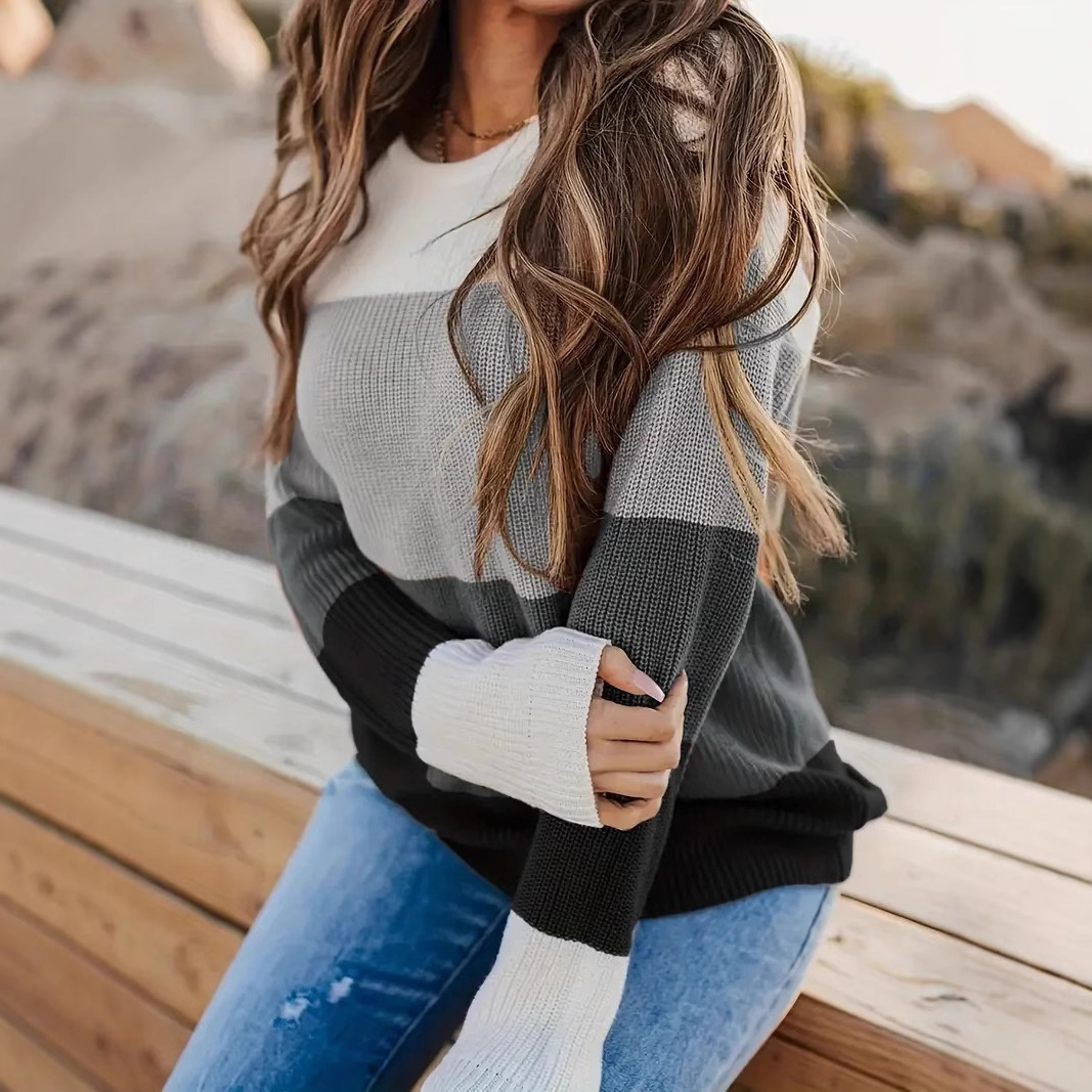 가을과 겨울 유럽과 미국의 국경 대외 무역 여성 스웨터 패션 라운드 넥 컬러 매칭 탑 아마존 캐주얼 느슨한 니트 스웨터