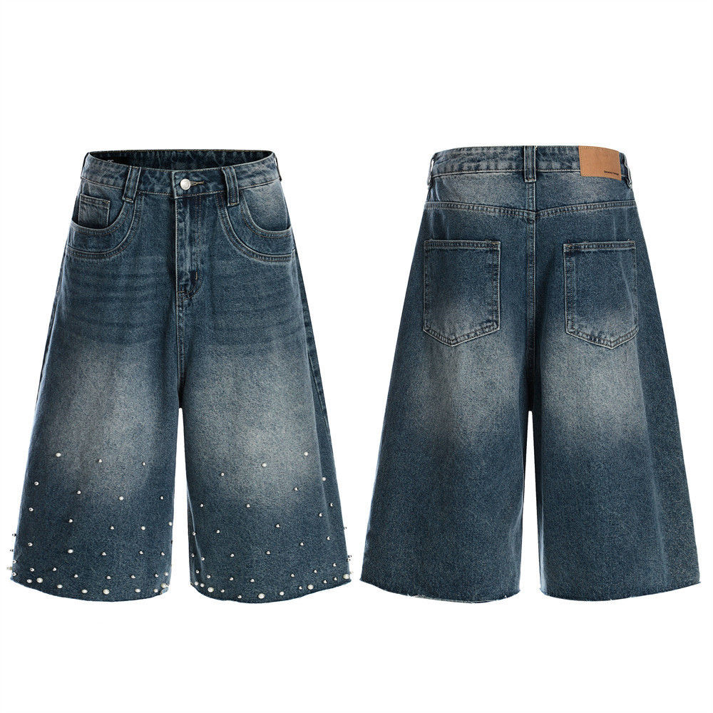 Men's Vintage Washed Denim Jeans Distressed Cat Whisker Rhinestone Embellished Baggy Pants High-Quality Cotton B3072 Blue_mkmklike.com