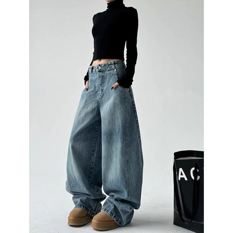 Американские ретро-джинсы с широкими штанинами 2025 года, новые высокие драпированные брюки в стиле хай-стрит с дизайнерским акцентом, легкая роскошь и модный стиль.