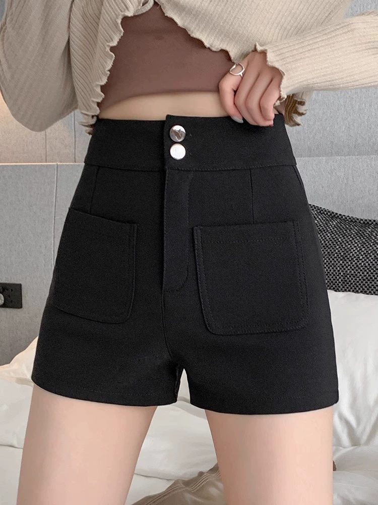 Черные шорты, весенние брюки, сапоги, высокий пояс, slim fit, тренд сезона, для подростков, силуэт А