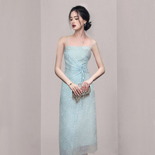 2022年夏季女裝新款冰藍玫瑰吊帶連衣裙法式復古氣質收腰長款裙子