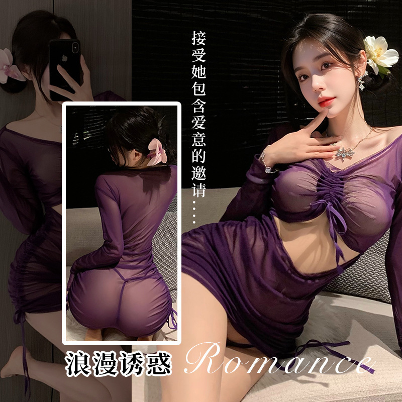 Sexy Lingerie, Pure Lust Style, Hot Girl Passion Temptation Set, Sexy Mesh See-Through Long-Sleeved Hip-Hugging Skirt, Nightclub Tube Top
