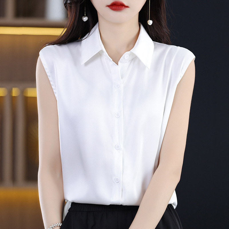 Summer New Polo Collar Chiffon Sleeveless Shirt for Women, Solid Color Professional Base Shirt, Versatile Base Top