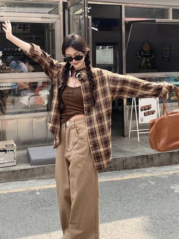 美式复古咖色格子长袖衬衫女秋季美拉德穿搭休闲开衫格纹衬衣外套|undefined