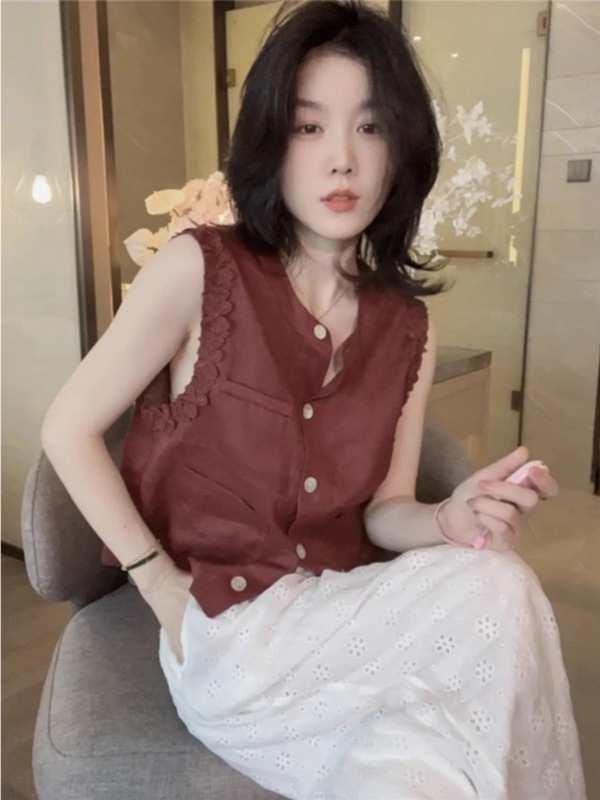 ノースリーブベスト綿とリネンのベストシャツ女性の夏のデザインニッチトップフレンチユニークでシックなラミーシャツ|undefined